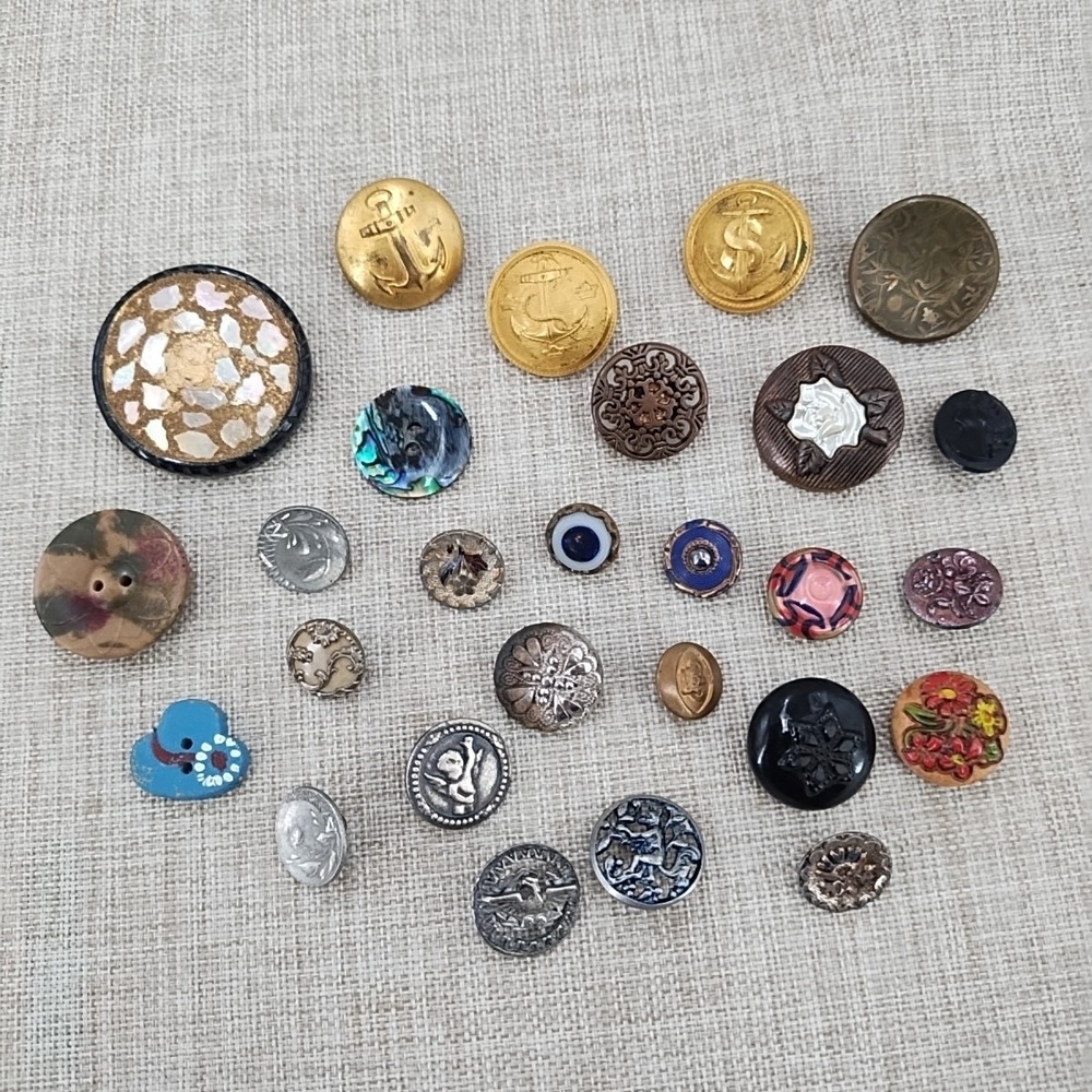 27 Vintage Assorted Buttons Swedish Brass Navy, Metal, Glass, Paua Shell, Wood